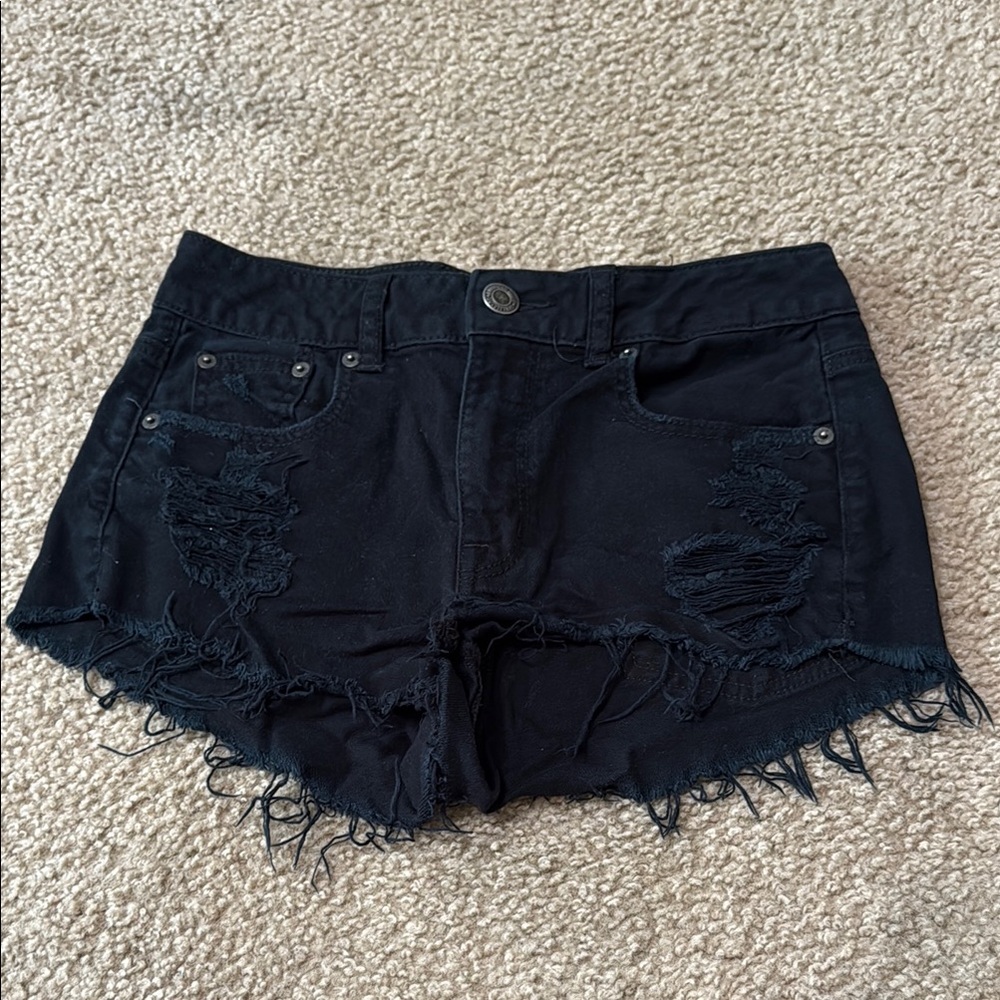 American Eagle Outfitters Black Jean Shorts Distressed Frayed Hem